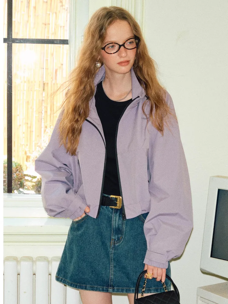 

CHEERART 2025 Осенняя куртка с капюшоном для женщин, осенняя одежда, фиолетовое пальто на молнии, повседневная верхняя одежда, спортивный костюм, ветровка, куртка