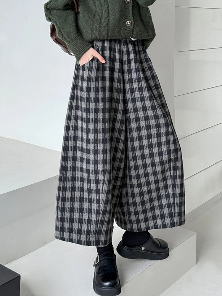 EAM Plaid High Elastic Waist Wide Leg Ankle Length Vintage Pants New Trousers Women Fashion Tide Autumn 2026 30A4051