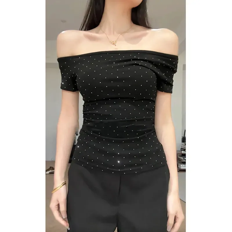 Hotfix American Vintage Skew Collar Crop Top Sexy Slim T-shirt Premium Literary Moda All-match Hot Sell Top