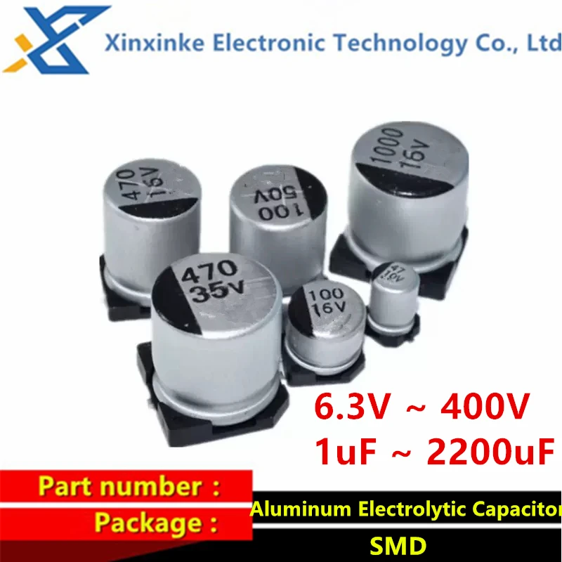 10Pcs SMD Aluminum Electrolytic Capacitor 6.3V 10V 16V 25V 35V 50V 1UF 2.2UF 4.7UF 10UF 47UF 100UF 220UF 330UF 470UF 1000UF