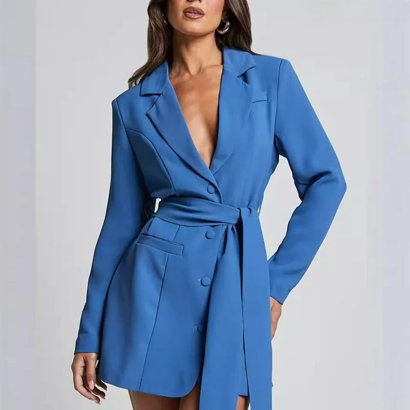 

Элегантное женское пальто-платье с длинным рукавом, поясом и приталенным силуэтом, в европейском стиле, повседневное, без бренда, внутренняя отделка: другое.