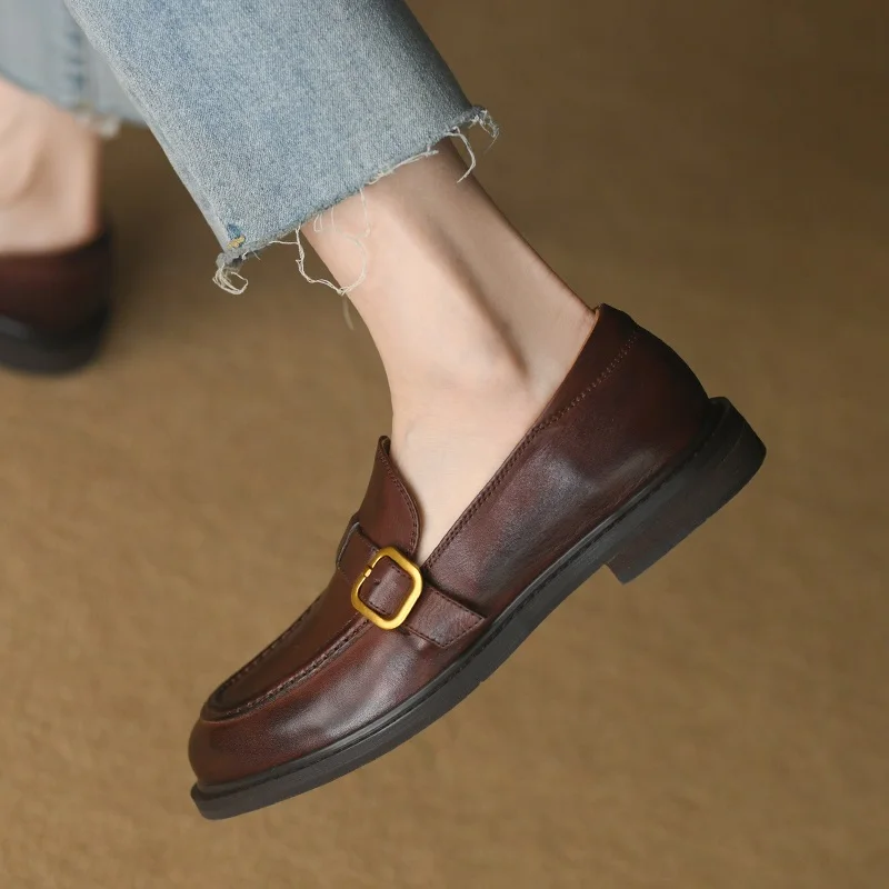 Women Retro Flats  Ladies Shoes Cowhide Buckle Loafers Slip On On Low Heel Vingtage FlatsSimple Shoes Slip On French Style Mules