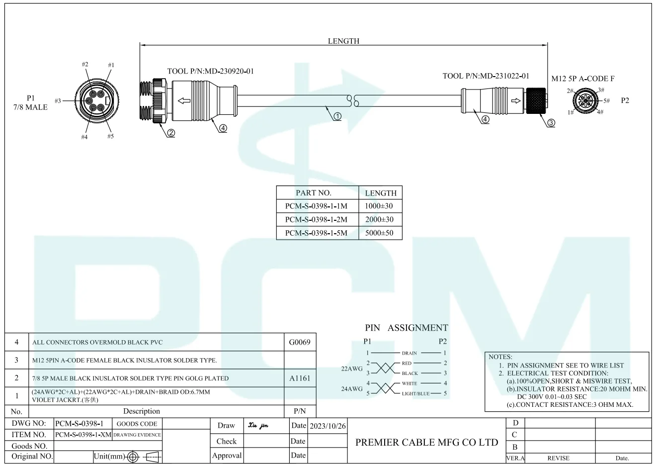 DeviceNet Cordset Cable 7/8'' 5Pin Male to M12 A-Coded 5 Pin Female Minifast Connector 1 Meter