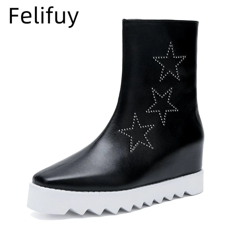 Stars Black Platform Wedge Ankle Boots For Women Zipper Height Increasing Modern Boots Ladies Real Leather Shoes Boots