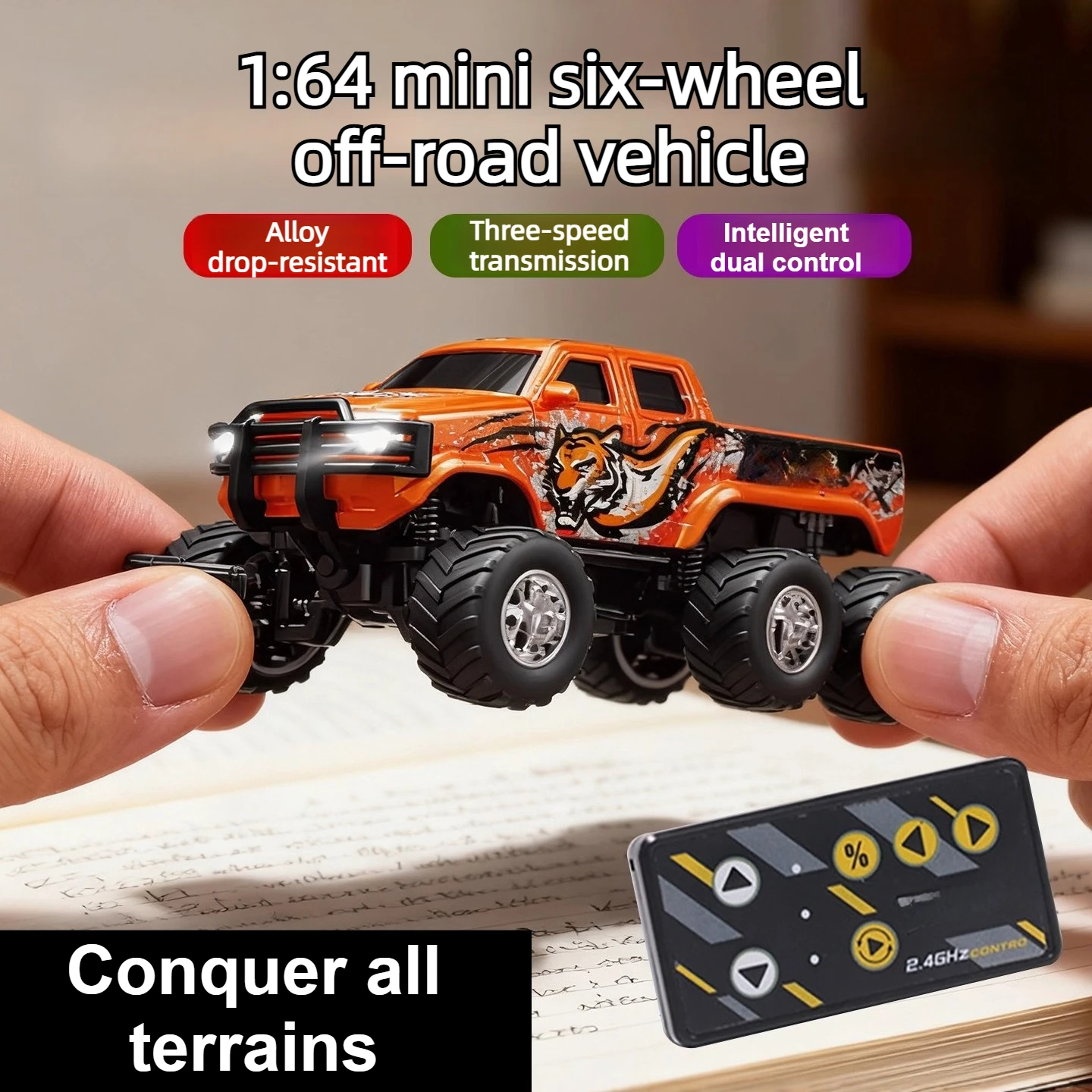 1/64 Scale Mini RC Six Wheeled Off-road Vehicle with Alloy Body Lights Rear-wheel Drive 2.4GHz Remote Control Desktop Toy Car