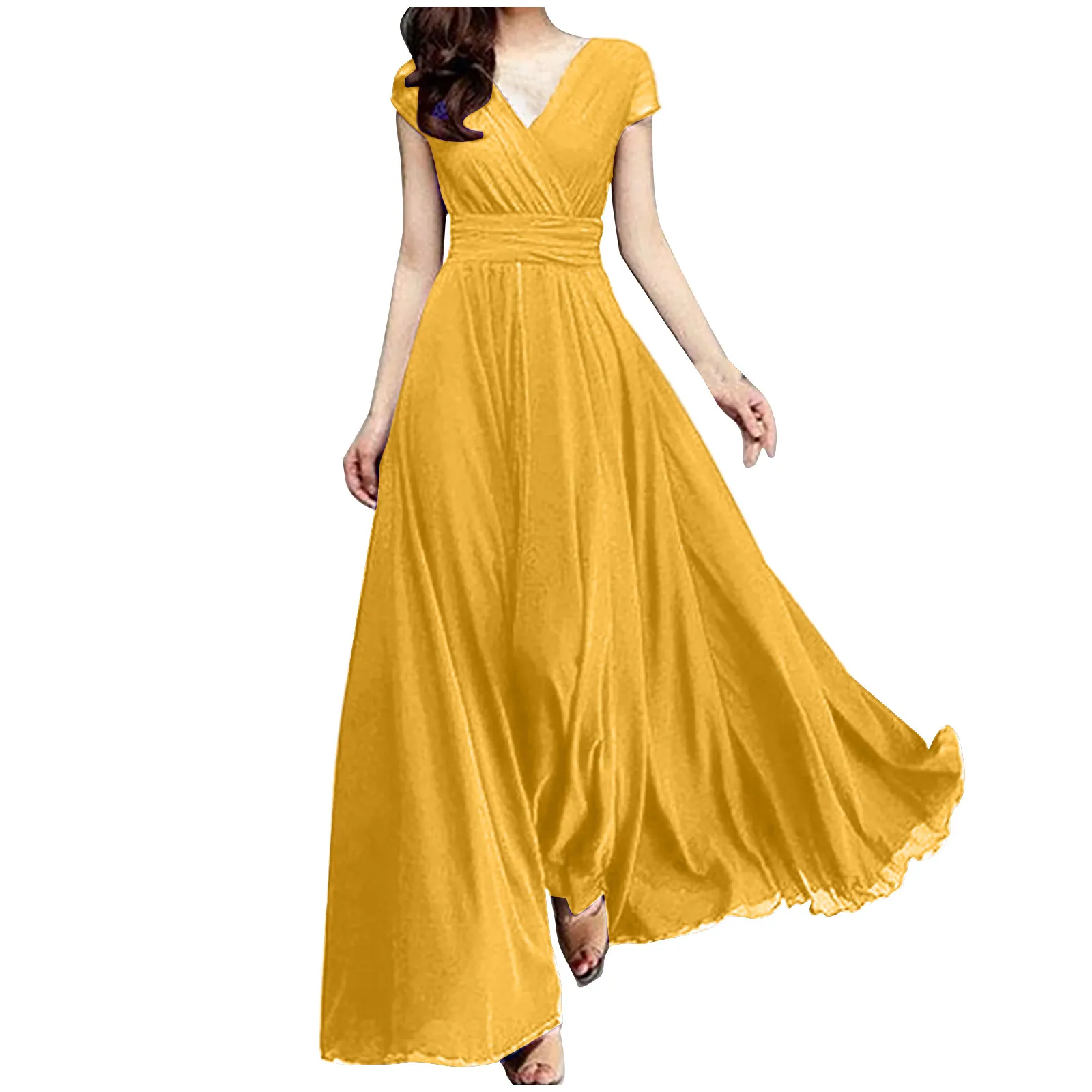 2024 Summer Women\'s Solid V-neck Short Sleeve Chiffon Dress Long Dress Elegant and Fashionable New Style Holiday Summer Dress