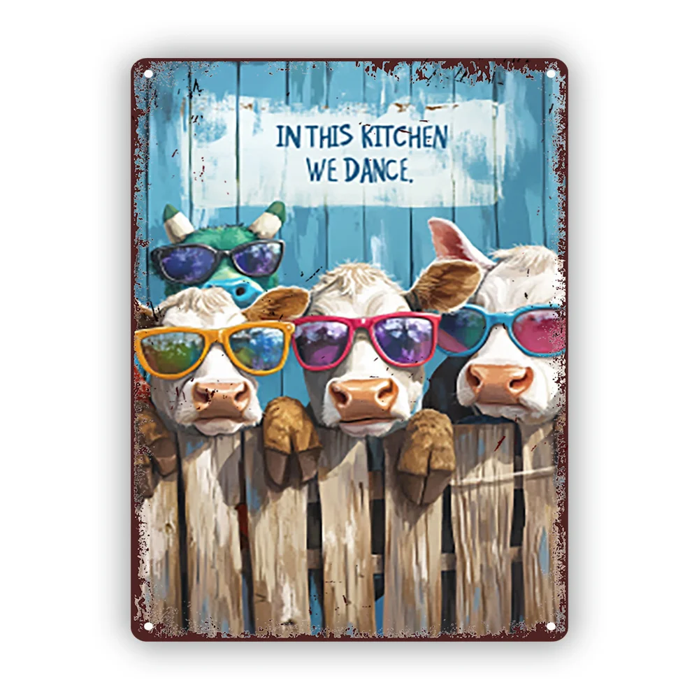 Room Decor , Funky Cow Herd Metal Tin Sign, Vintage Rustic Kitchen Wall Art, Iron Material, Durable Outdoor & Indoor for Home, P