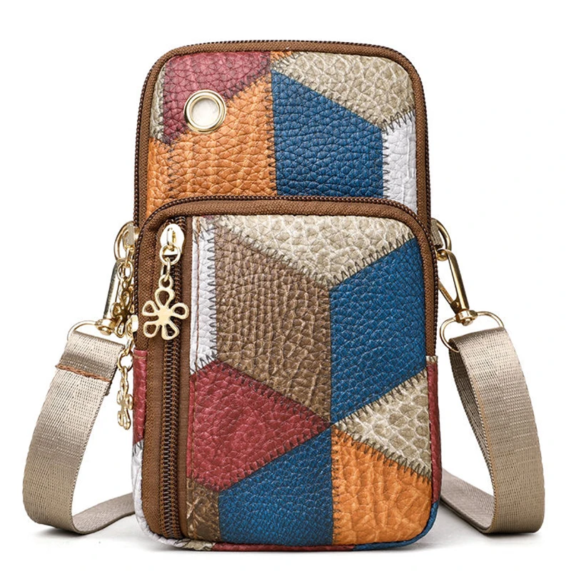 Trendige Patchwork-Umhängetasche mit Rautenmuster, lässige Umhängetasche mit mehreren Reißverschlüssen für Damen zum täglichen Einkaufen und Pendeln – Detail 6