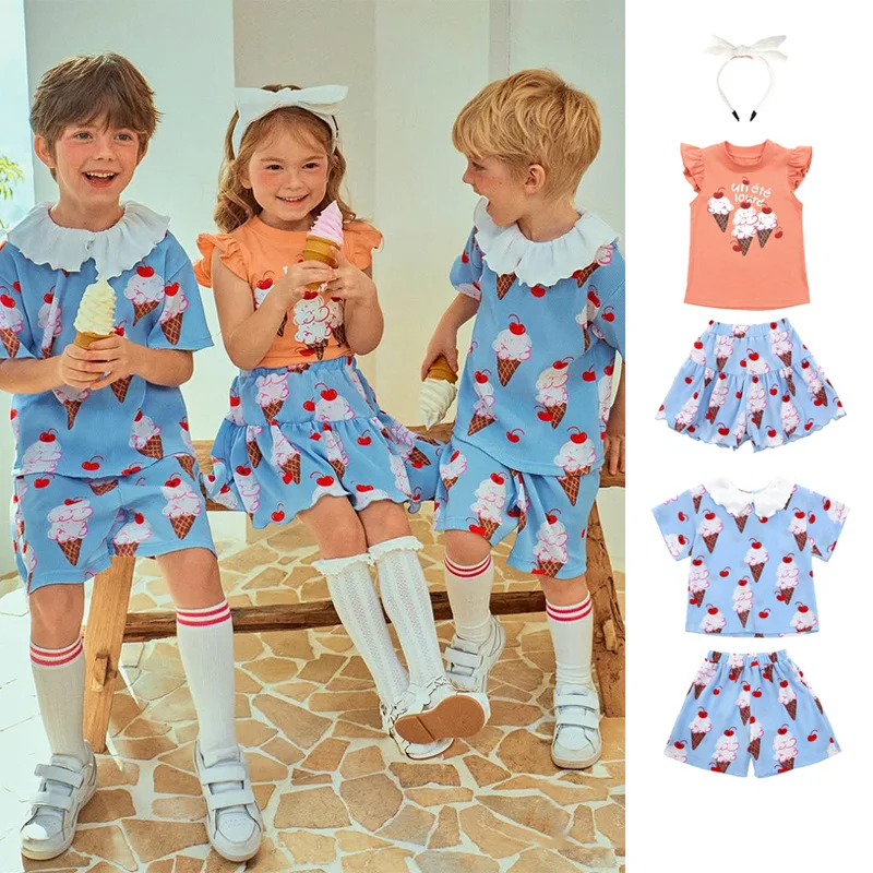 

Korean Girls Casual Dress Cute Apple Print2025 New Spring Summer Outfit Shirts Shorts Set for Children Clothes Set