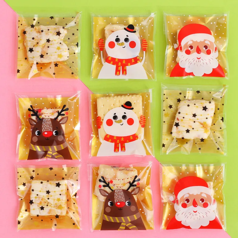 100PCS Christmas Plastic Candy Bags Carton Santa/Snowman/Deer Cookie Bag For Neol DIY Biscuits Snack Baking Packaging Supplies