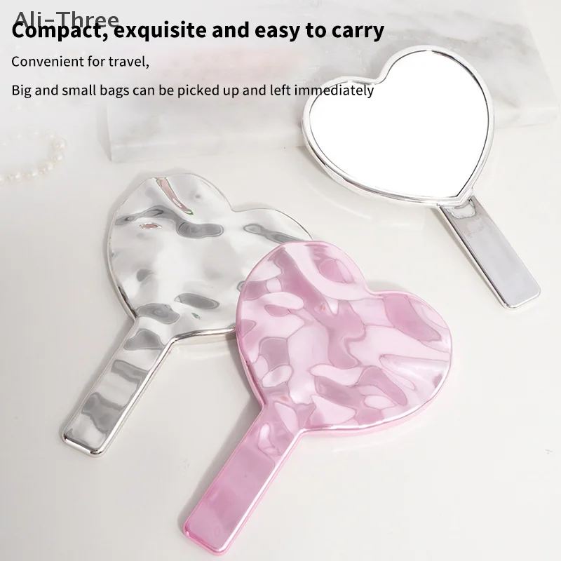 1개 휴대용 메이크업 거울 하트 모양 거울 여성용 손잡이 메이크업 화장품 뷰티 도구 휴대용 화장 거울