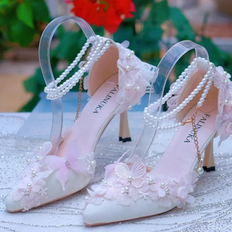 Original Handmade Loafers French Sweet And Elegant Lolita Pointed High Heels 18 Year Old Adult Wedding Shoes
