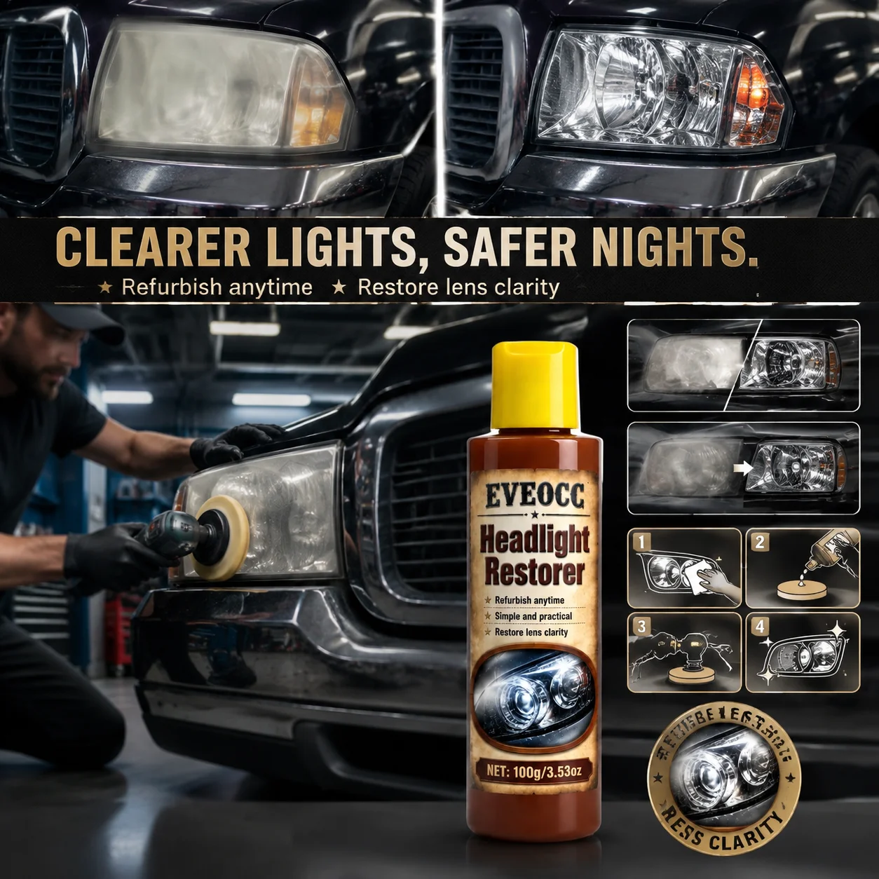 EVEOCC Headlight Restorer 100g, Car Headlamp Lens Restoration Polish Remove Yellowing Oxidation Restore Clarity