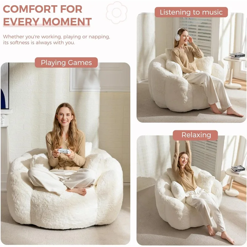 Beige White Cloud Shaped Bean Bag Chair Soft Large Filled Reading Chair Shredded Foam Adult Bean Bag Sofa