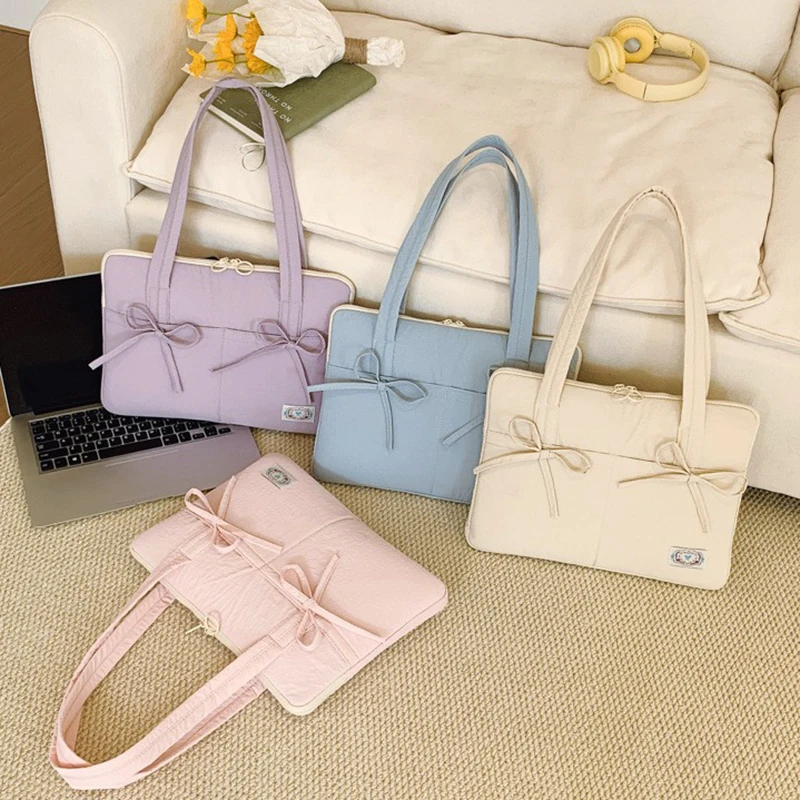 Mulheres coreanas 14in à prova de choque bolsa para portátil cor sólida arco macio zíper macbook caso casual moda simples bolsas quadradas