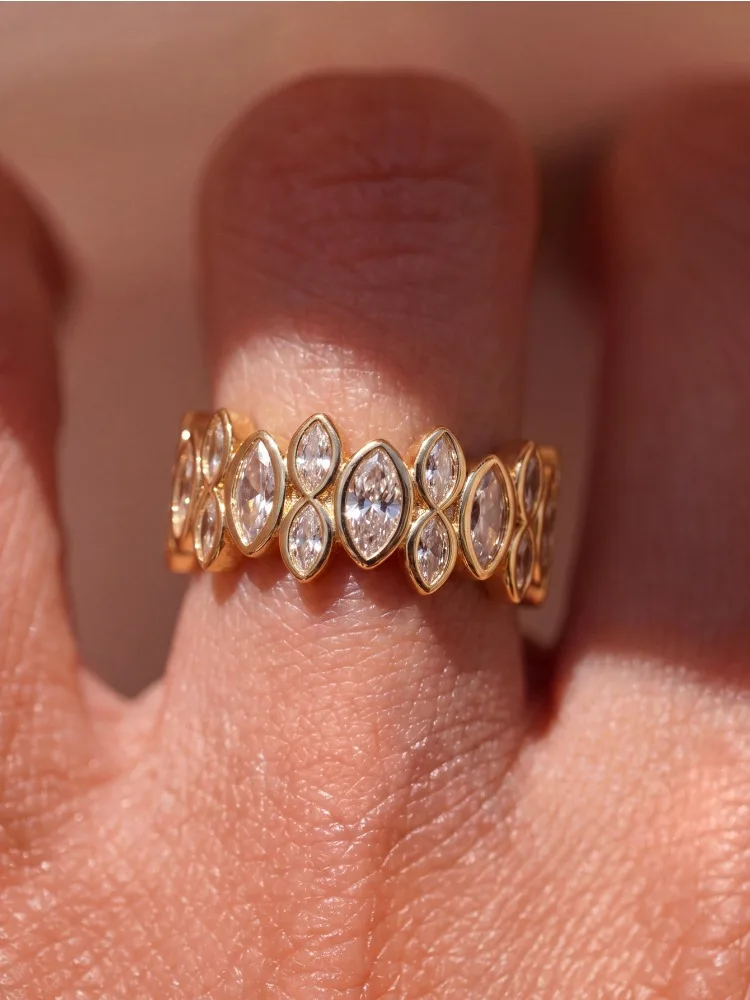 925 Sterling Silver Golden Marquise Stacked Zircon Ring For Women Daily Wear Engagement Wedding Luxury High Quality Fine Jewelry