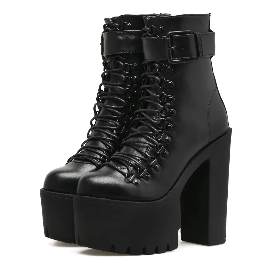 Women\'s Platform Chunky High Heel Ankle Boots Black Buckle Strap Lace Up Side Zipper Motorcycle Boots Punk Style Shoes