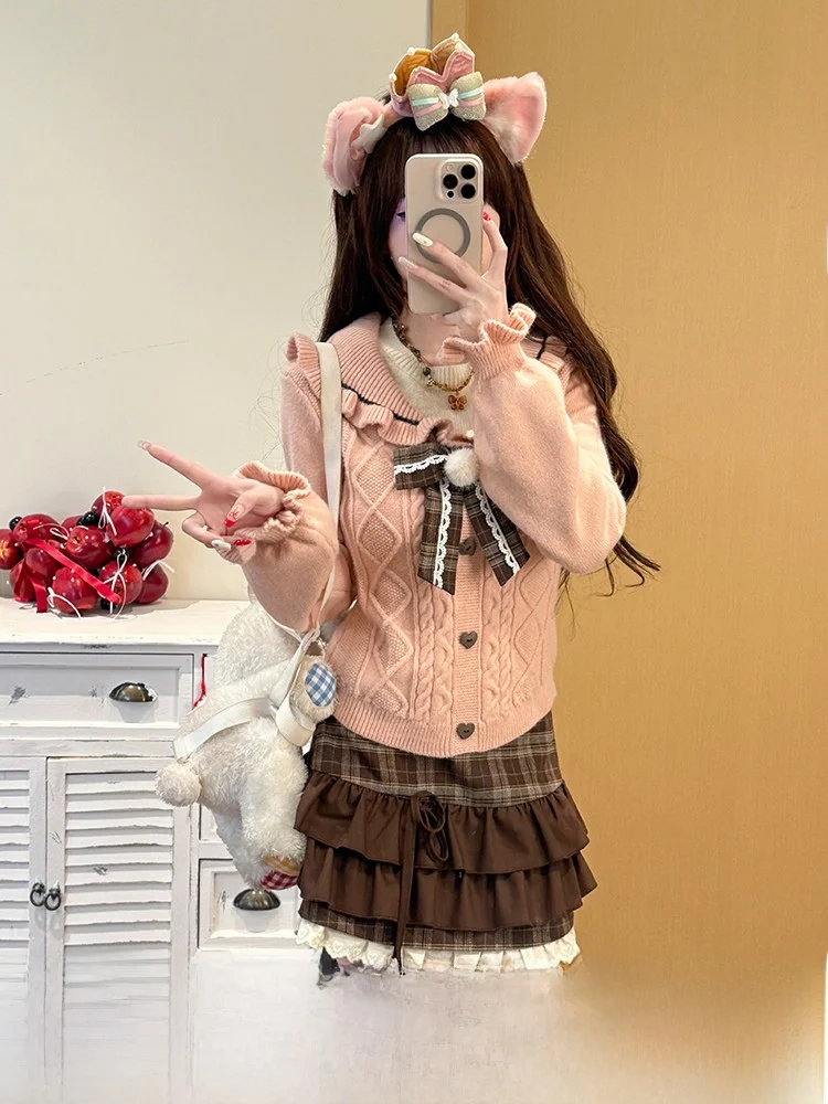 

Sweet Preppy Style Fake Two-Piece Long Sleeve Knit Sweater Women Early Spring Cute Color Block Casual Wear Daily Look
