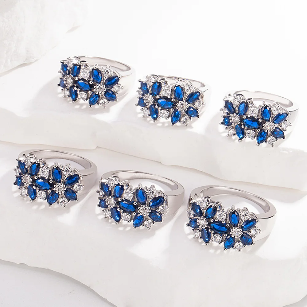 خاتم من الفضة الإسترليني عيار 925 فاخر على شكل زهرة مرصع بالياقوت الأزرق الزركون هدية للذكرى السنوية لحفلات أعياد الميلاد #3
