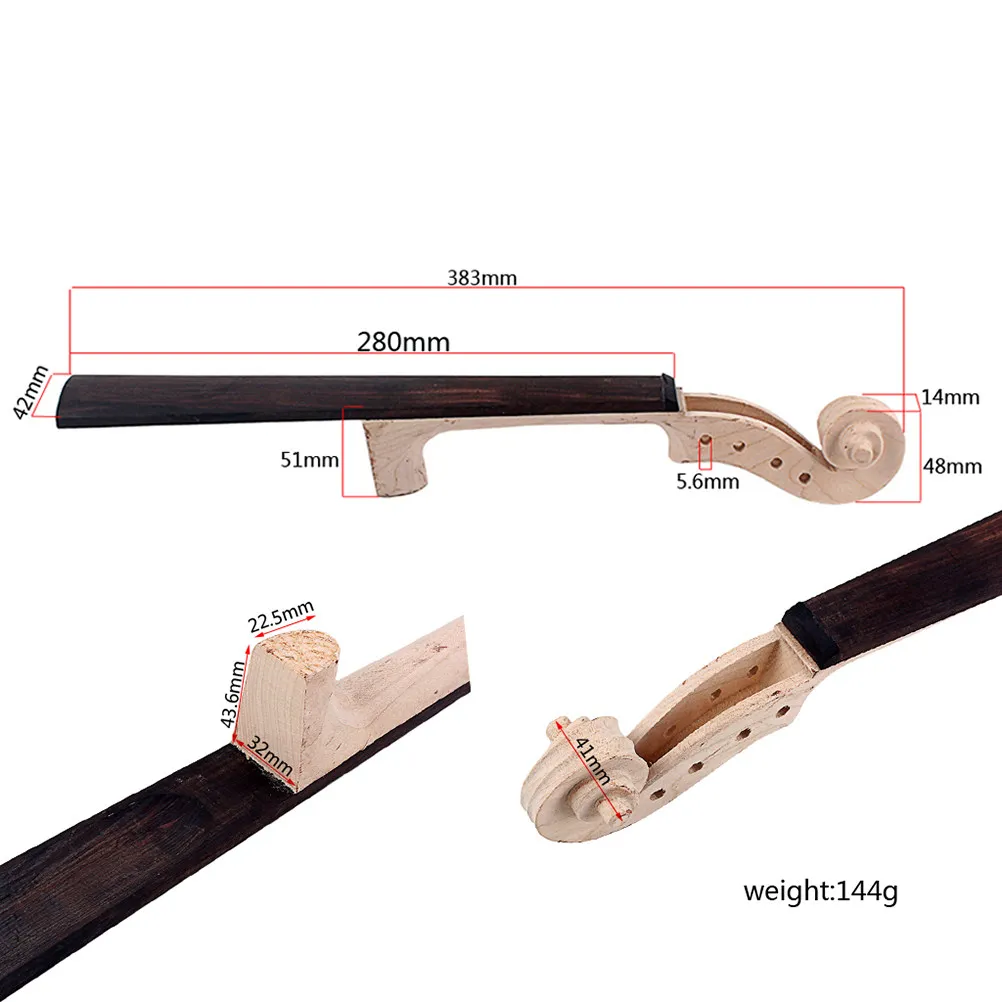 Unfinished Violin Neck with Ebony Fingerboard Hand Carved Maple Scroll for Violin Making Repair Custom