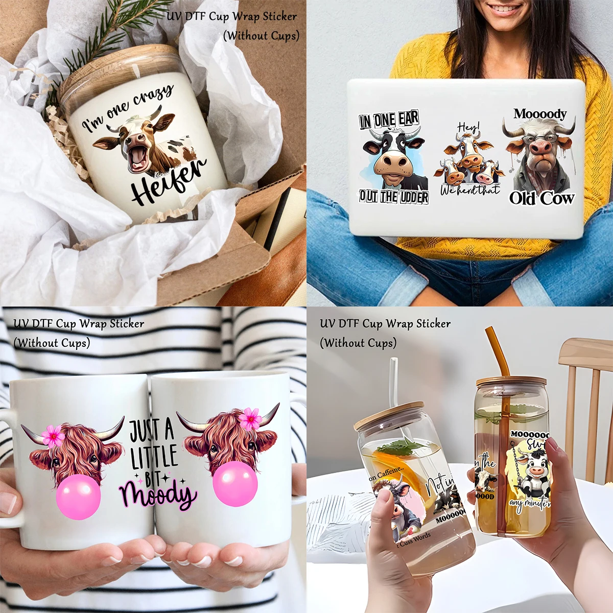 4pcs/Set Funny Cows UV DTF Cup Wraps Decals DIY Waterproof Self-Adhesive Stickers For Mug Water Bottle Cup DTF Transfer Stickers