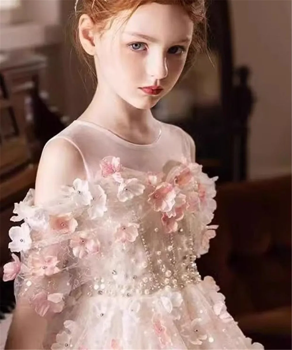 Abito da ragazza di fiore lilla di lusso Mezza manica Fiori 3D per bambini Abito da ballo per principessa, spettacolo di nozze, festa di compleanno