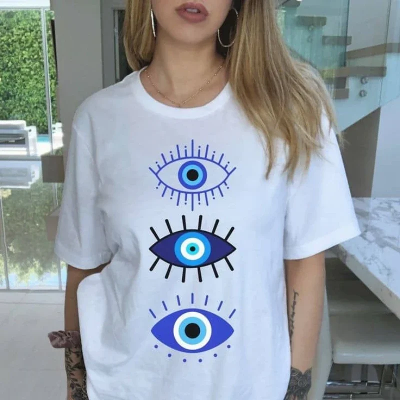 Devil's Eye Printed Tee Shirts  Womens Crop T-shirts O-Neck Short Sleeves Casual Loose Clothes Fashion Female Tops