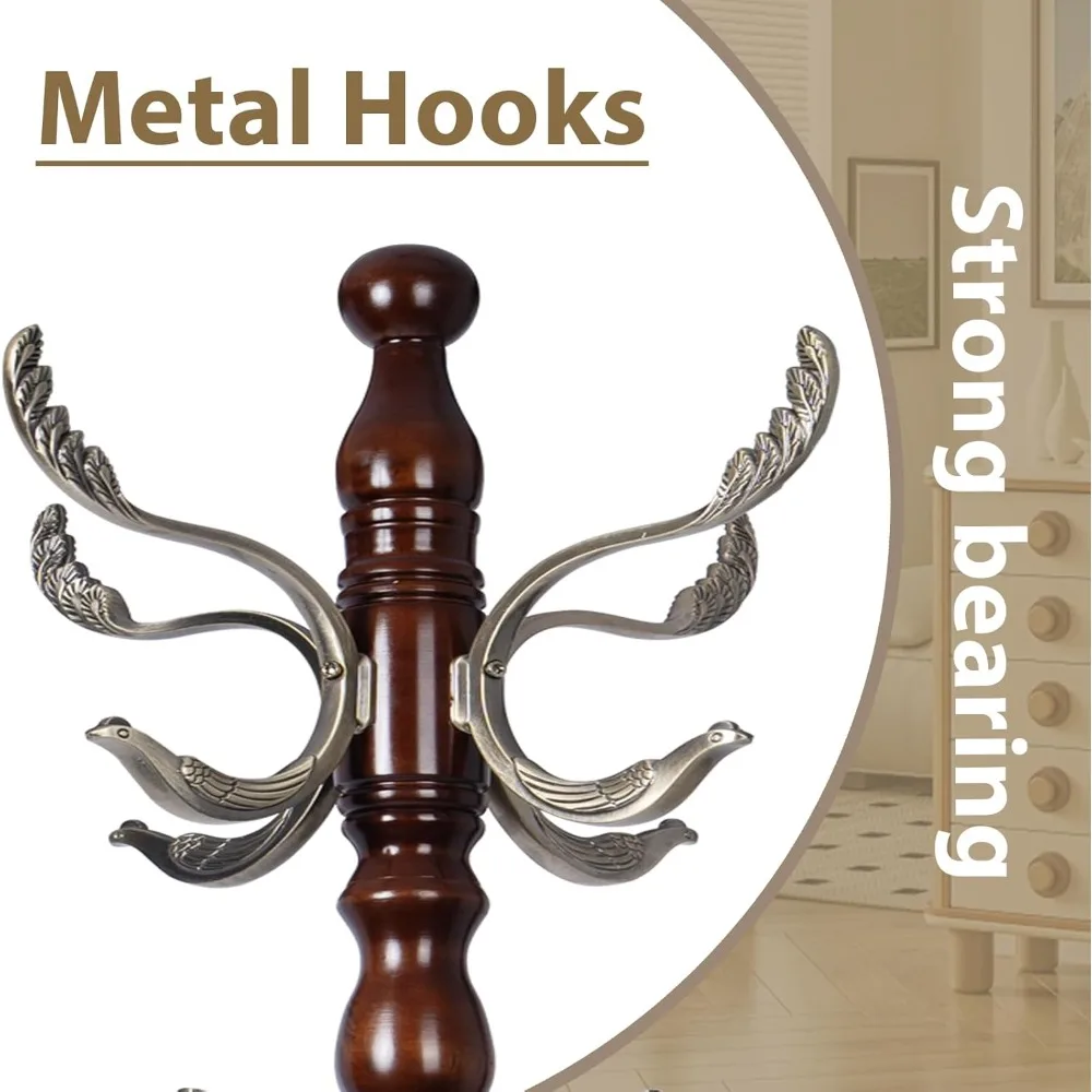 رف معطف قائم بذاته مع 14 خطافًا، تصميم من خشب البتولا الطبيعي، قاعدة مستديرة قوية مستوحاة من الأشجار