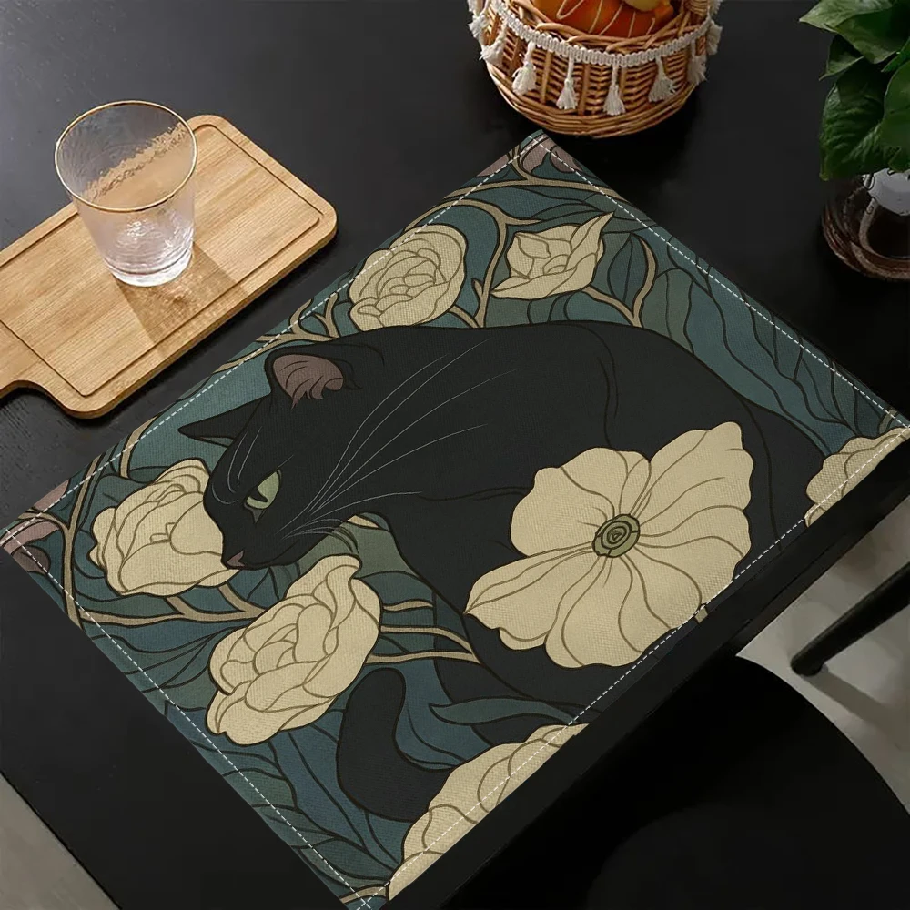 1PC Camellia Black Cat Pattern Placemat Theme Retro Placemat Red Kitchen Table Mat Meal Table Pad Dining Table Decorative 7.3