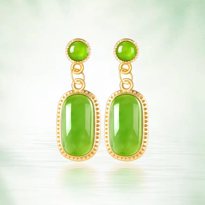 

Authentic Spinach Green Natural Old Material Hotan Jade Jasper Earrings Women's S925 Silver Jade Set Simple Jewelry Drop Ship