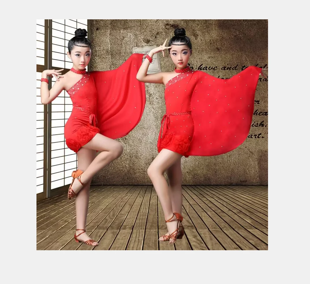 1pcs/lot children red solid latin dancing dress girl off shoulder cha cha latin dancing dress