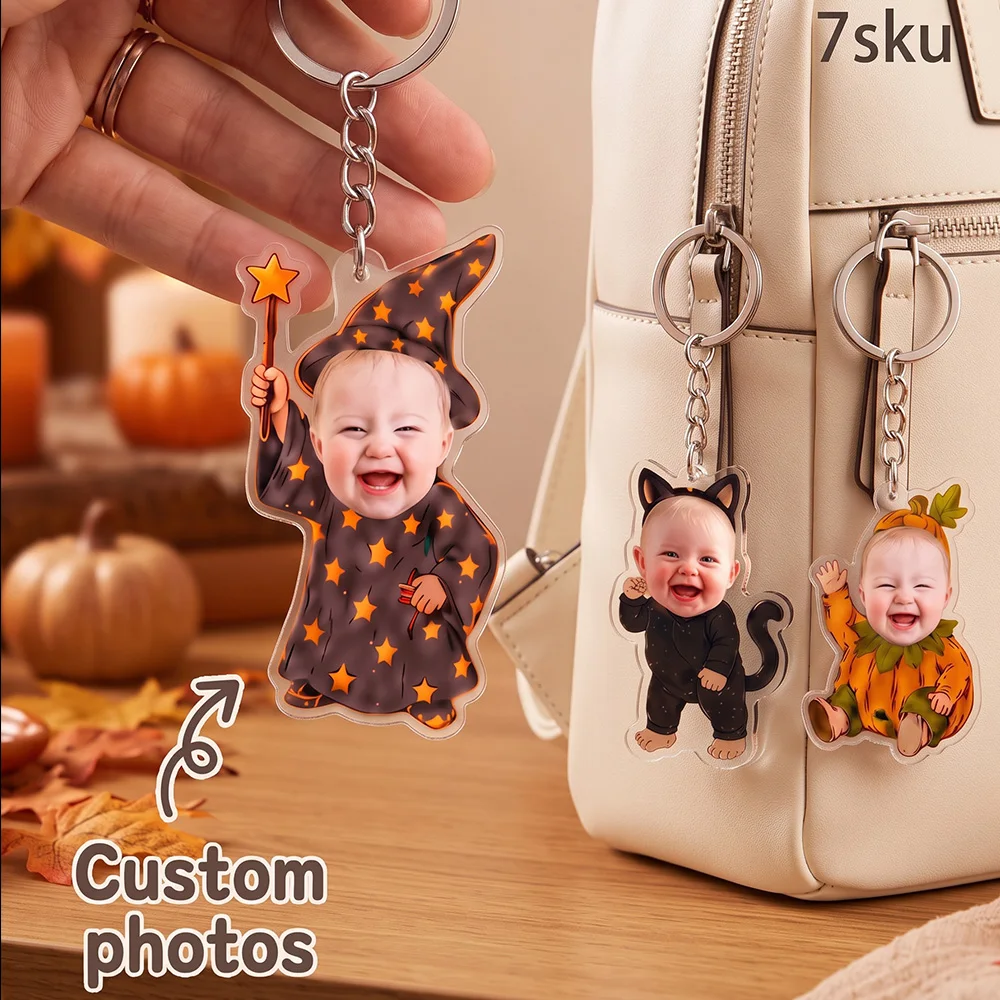 Custom Photo Halloween Themed Baby Keychain,Personalized Portrait Acrylic Bag Charm.