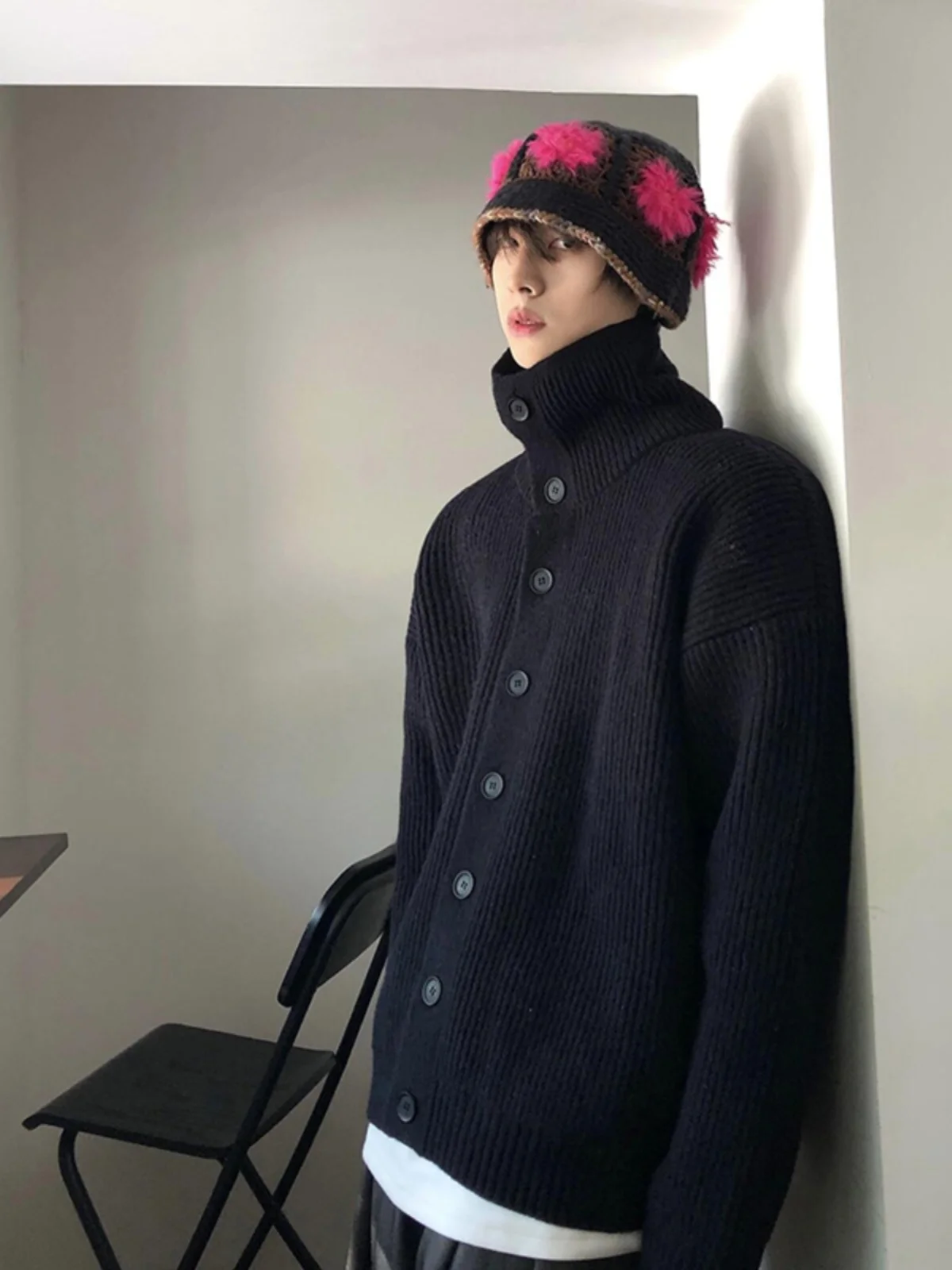 

Мужской вязаный кардиган с высоким воротником, свободного кроя, в американском стиле, с пуговицами, повседневный, весна-осень