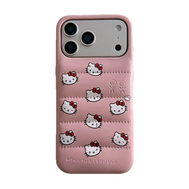 Hello Kawaii KT Leather Down Jacket Phone Case for iPhone 18 Pro Max 17 16 15 14 13 Pink Red Cartoon Anti-Drop Leather Cover
