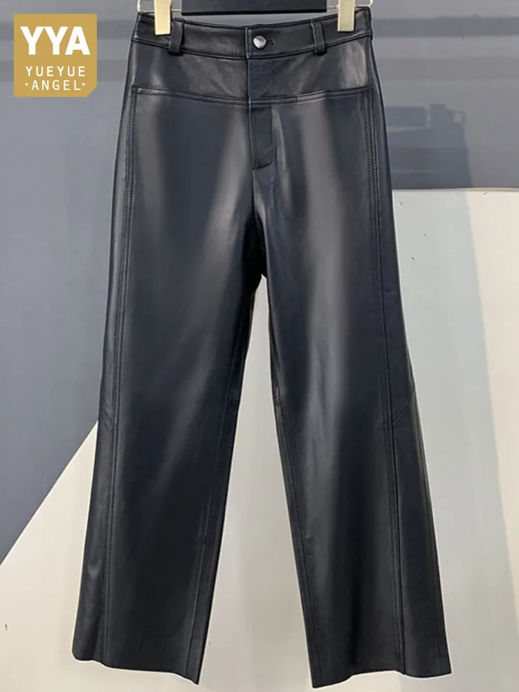 Concise Style Elastic Waist Solid Color Sheepskin Button Female Pants Slim Pockets Genuine Leather Comfortable Pencil Trousers