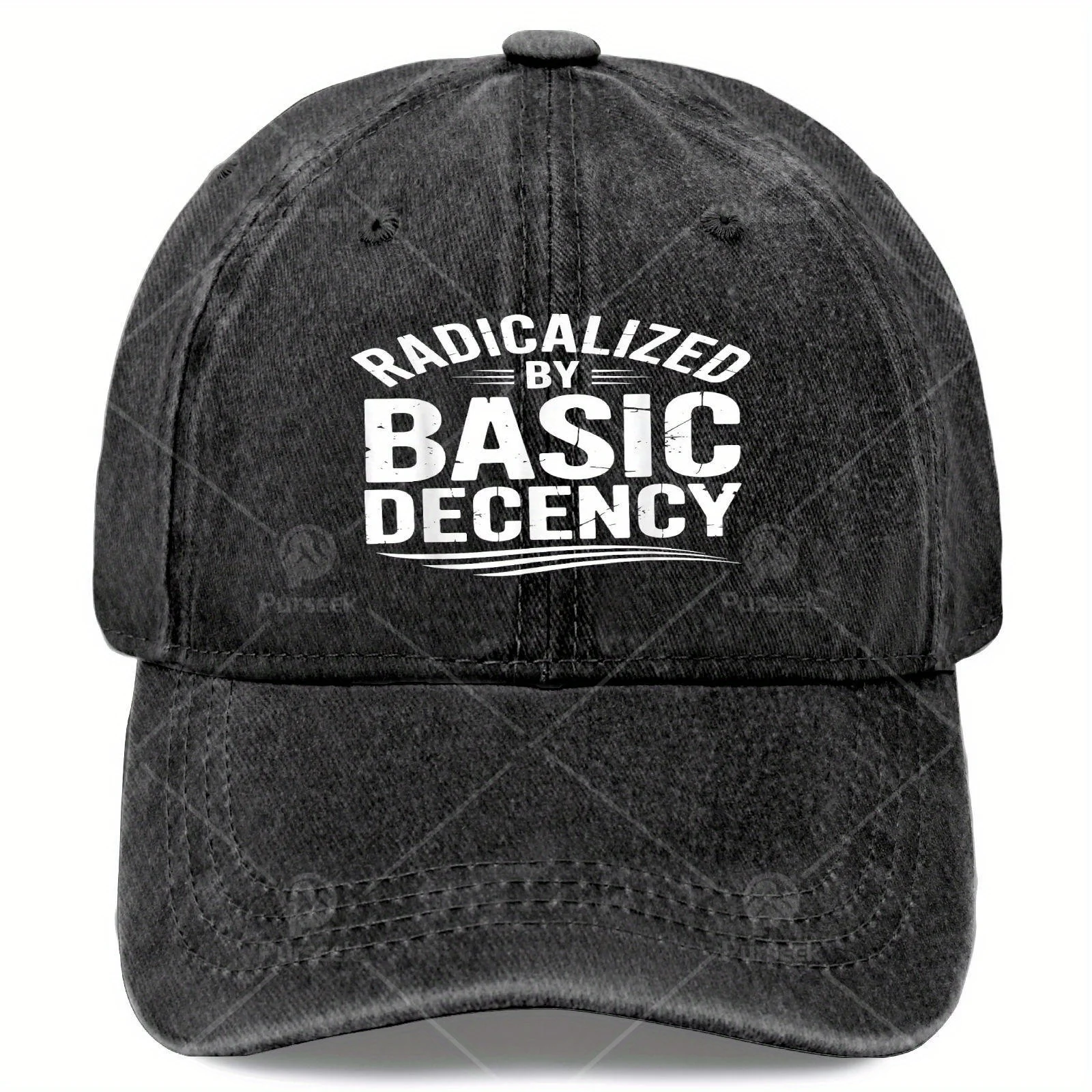 RADICALIZED BY basicss DECENCY Baseball Hat | Unisex trendy Washed Distressed Cap, Lightweight, Dome Style, Curved Brim, All Ove