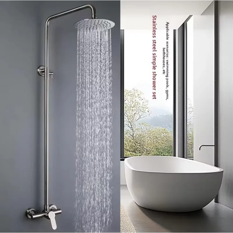 Steel Shower Mixer Set Single Function Tub Bath Fixture Adjustable Height Wall Mount Rain Round Top Sprayer Hardware Fitting