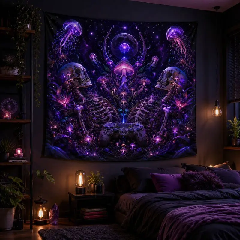 VIKAMA Skeleton Hand Game Controller Tapestry Wall Hanging Neon Purple Music Notes Gamer Aesthetic Wall Art Bedroom Dorm Decor