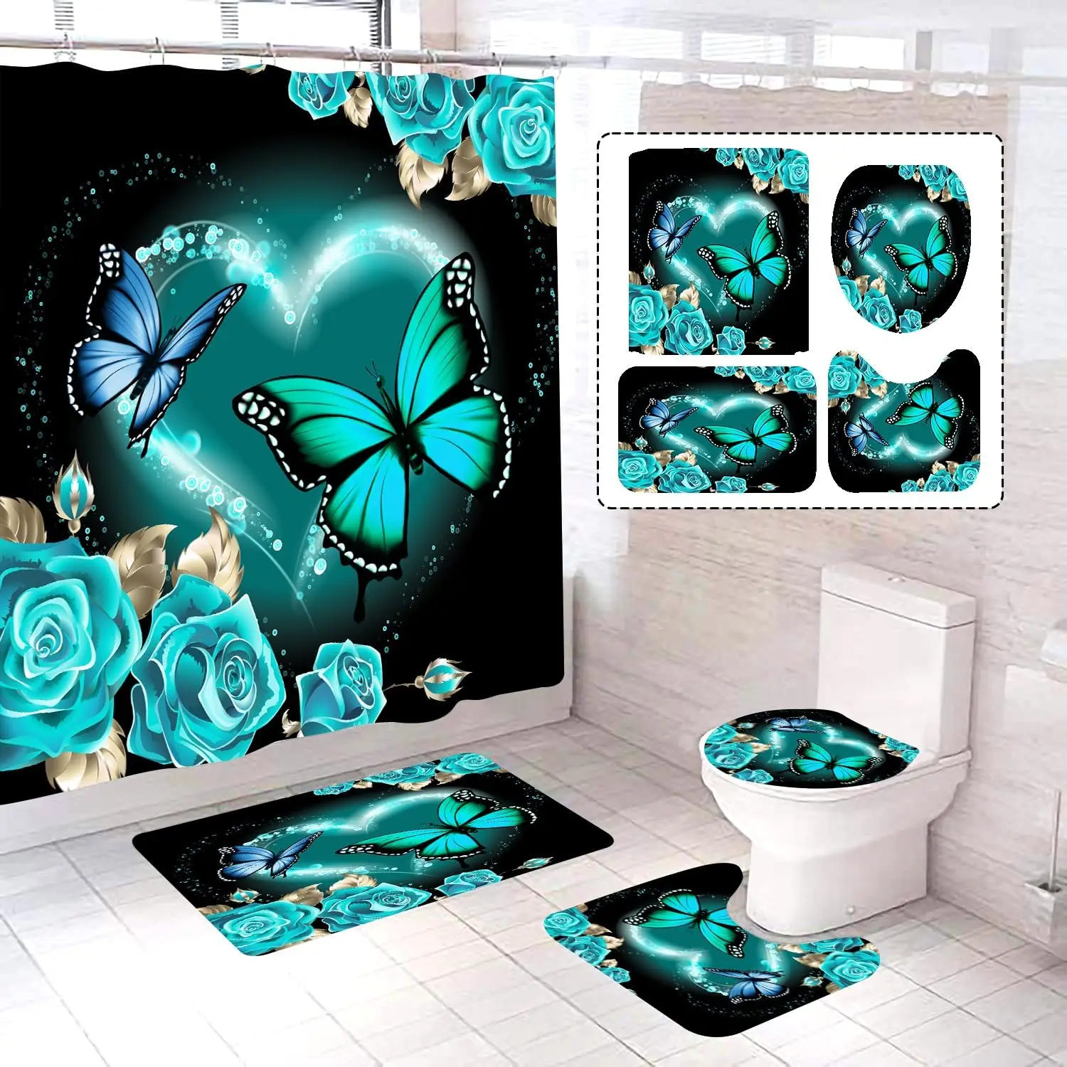 

4-х шт., зеленая, синяя бабочка, занавеска для душа, костюм с нескользящим ковром, белый цветок, картина маслом, украшение для ванной комнаты, коврик для ванной