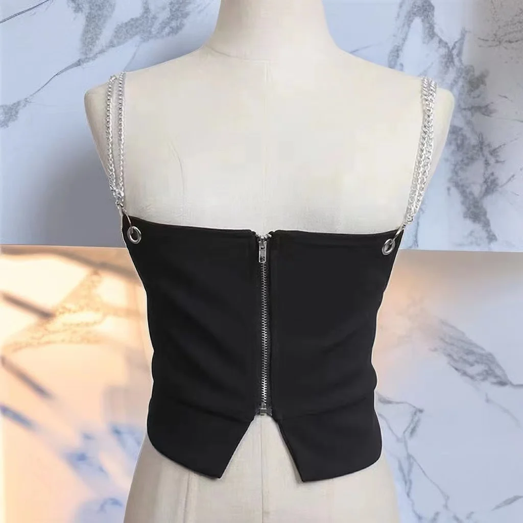 Black navel-revealing collarbone fashion sling vest woman sexy lingerie women outside the summer  wear chain girl short-style