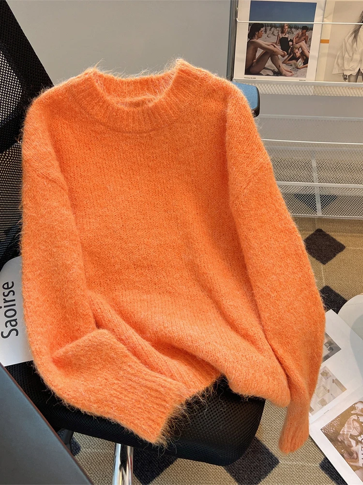 Women Green Pullover Sweater Harajuku Y2k Solid Color Long Sleeve O-Neck Knitted Sweaters 90s Vintage 2000s Clothes Autumn 2024