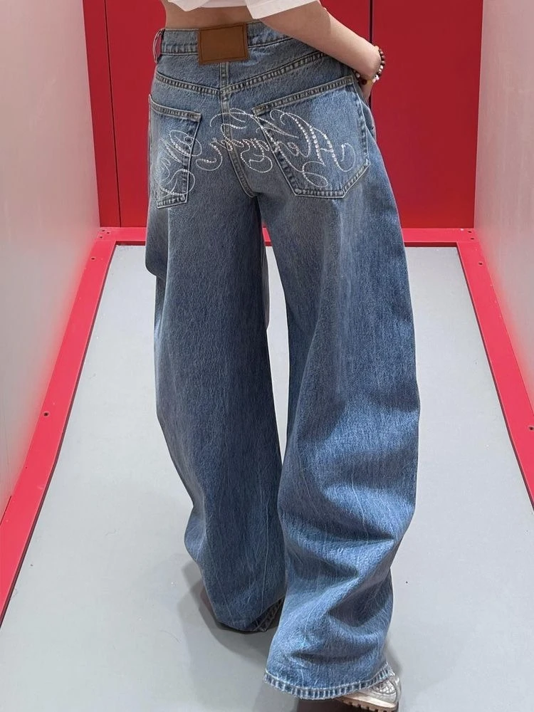 HOUZHOU Baggy Blue Jeans Women Vintage Y2k Letter Rhinestone Straight Denim Trousers Streetwear High Waist Wide Leg Jeans Chic