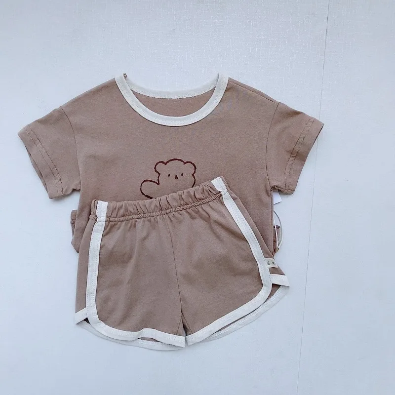 Full Print Little Bear Tees +shorts Boys And Girls Cute Cotton Fashion Crew Neck Pullover Short Sleeve Home Clothes 2pcs Suits