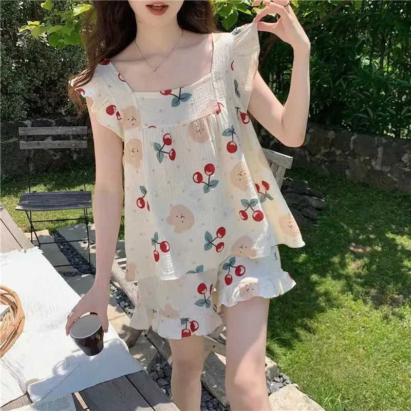 Summer Femme Sweet Straps Sleepwear 2PCS Ladies Sleeveless Loungewear Outfit Korean Women Waistcoat Lotus Edge Two-piece Pajamas
