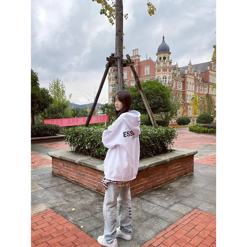 Sweat à capuche doublé Chic Hong Kong Sle Fce pour femme, sweat-shirt Long décontracté, confortable, coupe ample, printemps automne hiver