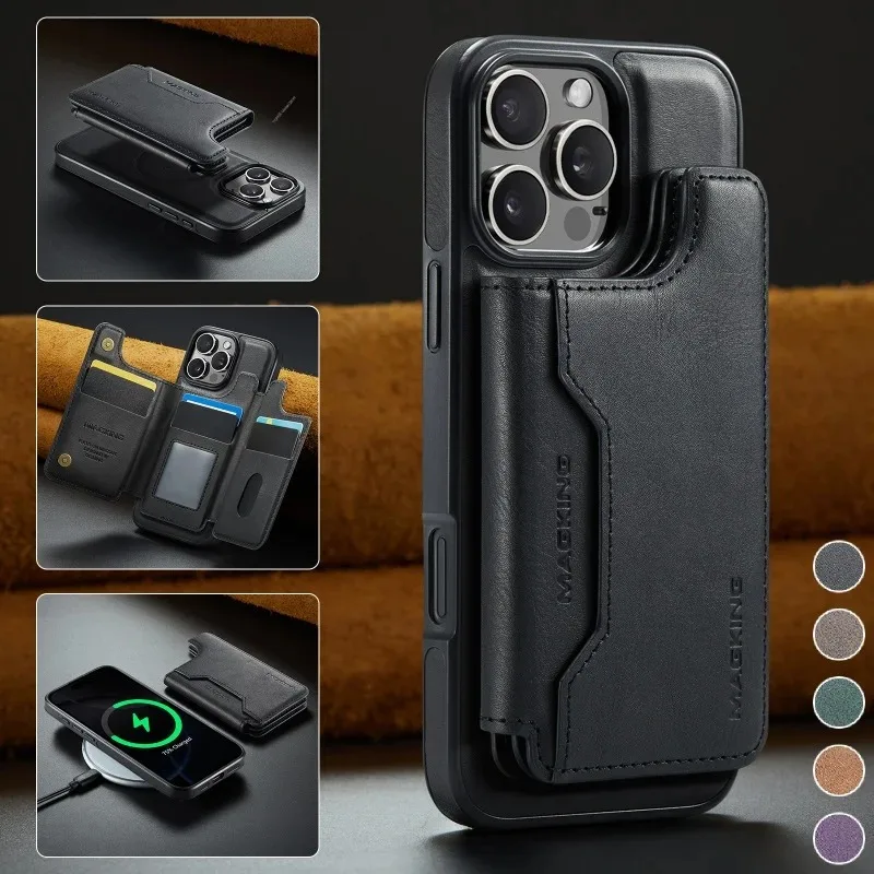 

Wireless Charging Magnetic Flip Leather Phone Case for iPhone 17 Pro Max Air 16E 16 Plus 15 14 13 Wallet Cards Cover