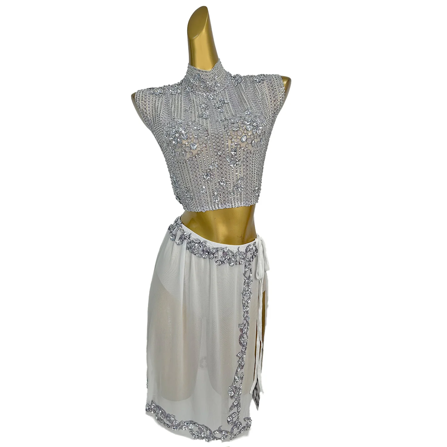 

Sexy White Sleeveless Rhinestone Top Mini Skirts 2 Piece Sets Women Music Festival Outfits Night Club Party Gogo Dancer Costumes