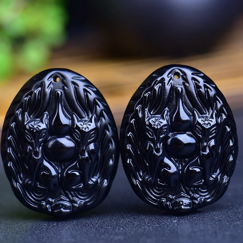 4個入り、30mmの天然色黒曜石製、狐の彫刻が施されたクリスタル製、レイキヒーリングジュエリー、ペンダント、可愛らしいロックデコレーション、ギフトに最適。