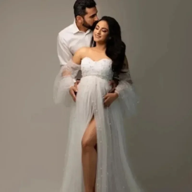 

Front Slit Pearl Maternity Gown Pregnancy Photoshoot Dress - Maternity Photoshoot Dress Baby Shower Vestido Maternidad bebe