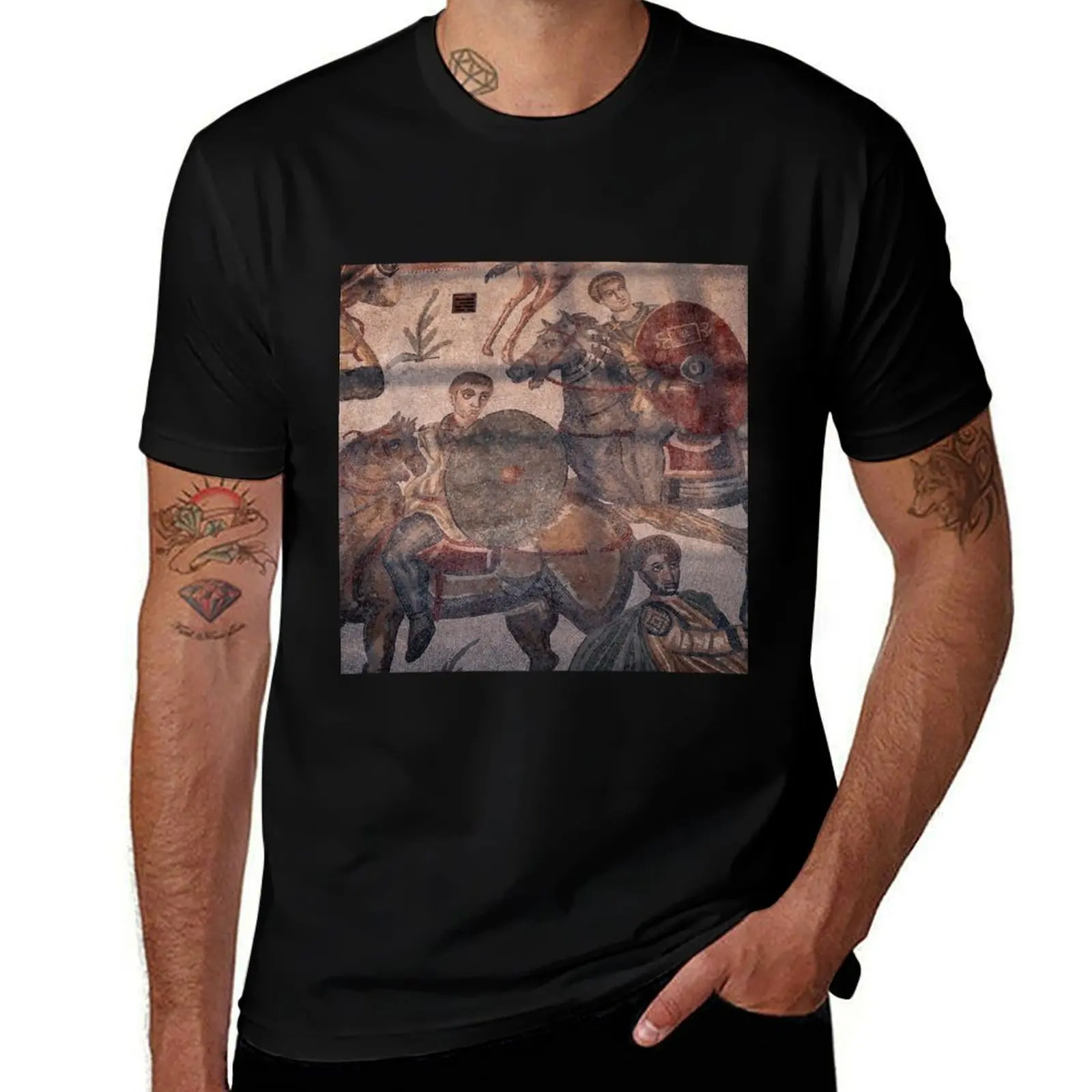 

Hunters on horseback in Roman mosaic in Sicily T-Shirt graphic shirts customizeds summer top blanks Men's cotton t-shirt